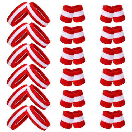 36 Pcs Wrist Sweatband Set Sports Headband Wristband Set for Men Women Party Sports Cotton Headbands Athletic Sweat Bands for Tennis Football Gym Workingout Accessories - color: Red White