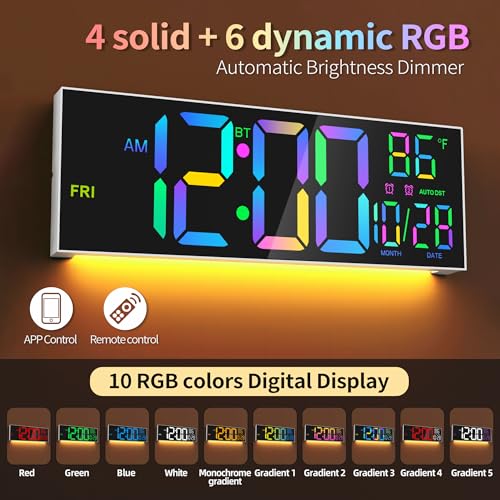 16.5" Digital Wall Clock with Bluetooth Auto-Sync, Large LED Display, Smart Auto Dimming, DST, Remote Control, Night Light, Date & Temperature for Living Room, Gym, Office, White - color: White-multicolor