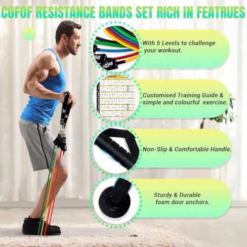 Resistance Bands with Handles for Women, 5 Level Exercise Bands Workout Bands for Physical Therapy, Yoga, Pilates, Door Anchor, Storage Pouch - color: 10-150LBS-Colorful