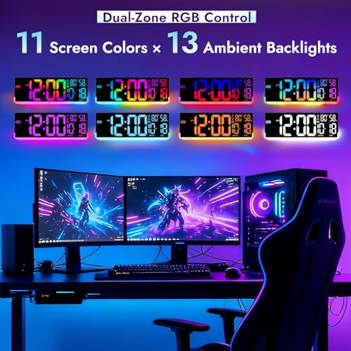 16.5" Large Digital Wall Clock: 11 Screen Colors and 13 U-Shaped RGB Backlight Modes with Sync Screen, Auto DST, Temp & Humidity, Dual Alarm & Timer – Digital Clock for Classroom, Gym, Gaming Room