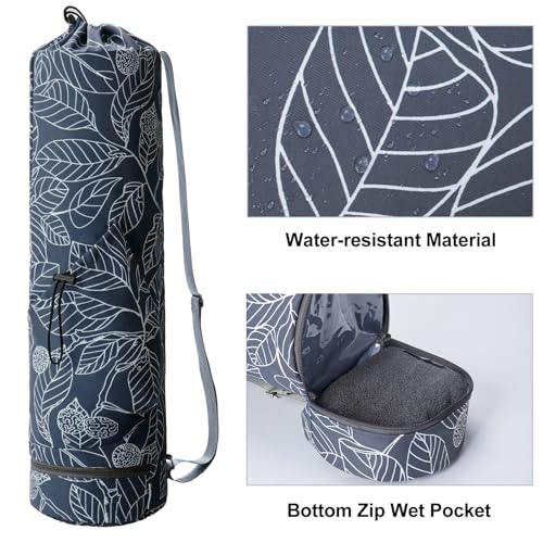 sportsnew Yoga Mat Bag with Water Bottle Pocket & Wet Pocket for Women | Yoga mat carrier fits 1/8"-3/8" yoga mats, quick-access multi-pocket organization, lightweight for gym, Pilates & studio - color: Blue Leaf, size: Medium