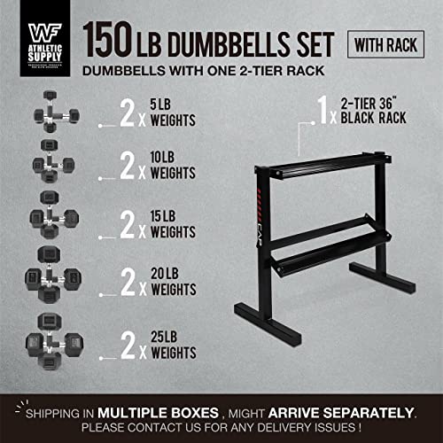 WF Athletic Supply Rubber Encased Hex Dumbbells with Rubber Grip Contoured Handle for Muscle Toning, Strength Building & Full Body Workout - color: r. 150LB Dumbbell Set w/ 2-Tier Rack