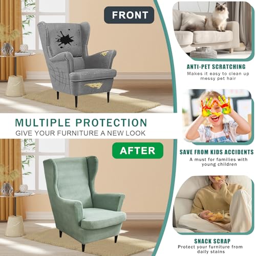 NILUOH Wingback Chair Slipcover 2 Pieces, Stretch Spandex Wingback Chair Covers Washable Slipcover for Wingback Armchairs Non-Slip Furniture Protector with Elastic Bottom for Living Room - color: Army Green