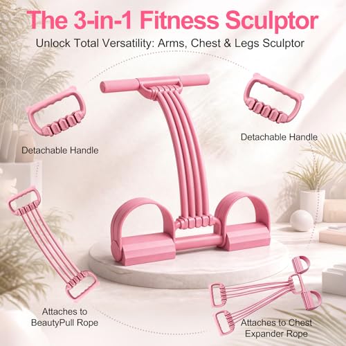 Multifunction Foot Pedal Resistance Bands with Handles, 3 in 1 Tension Rope Elastic Fitness Band for Home Workout, Yoga,Stretching, Full Body Exercise for Abs, Core, Waist, Arm, Leg - color: Pink