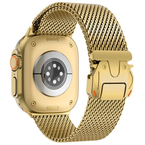 WINGLE Milanese Loop for Apple Watch Band Ultra 3/2/1 Band Ultra 49mm Series 11 10 46mm 45mm 44mm SE 3/2/1 Series 9 8 7 6 5 4 3 Men Women,Parachute-Style Buckle Stainless Steel Mesh Metal iWatch Bands - color: Gold