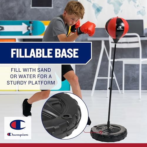 Champion Kids Punching Bag Set for Ages 3-10 – Adjustable 30"–43" Stand, Spring-Rebound Boxing Bag, PU Foam Gloves & Fillable Base – Indoor & Outdoor Youth Boxing Set