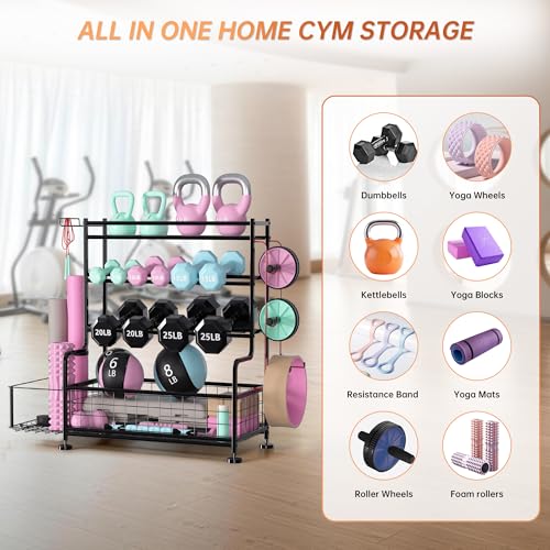 Garvee Dumbbell Rack, Weight Rack for Home Gym, Weight Rack for Dumbbells with Hooks, Home Gym Storage Rack for Yoga Mat Kettlebells and Strength Training Equipment, Powder Coated Finish Steel