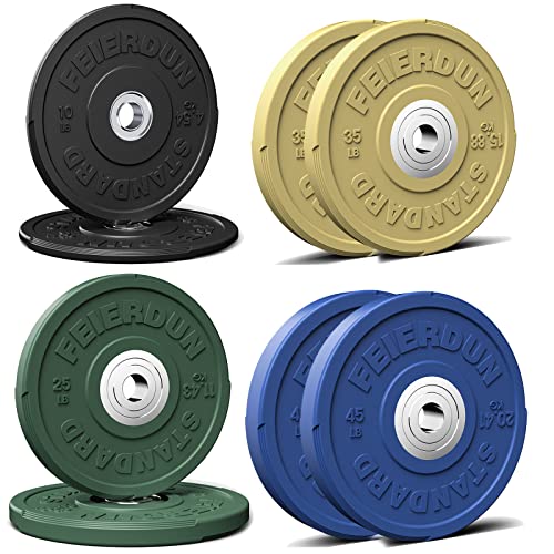 FEIERDUN Color Bumper Plate Set, 2-Inch Olympic Weight Plates, Low Bounce Rubber Barbell Plates with Stainless Steel Insert for Weightlifting, Strength Training, CrossFit & Home Gym, 10LB-370LB - style: O) 230LBS SET