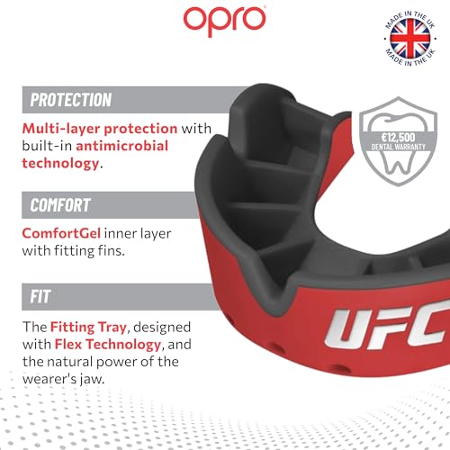 OPRO Silver Level UFC Moldable Mouth Guard Essential Fit (Red/Black) Kids Youth Boxing Mouthguard for MMA & Impact Sports, Self-Fit Mouth Guard for Sports, Football & Hockey - Includes Case - color: Ufc - Red/Black, size: Youth (Under 10)