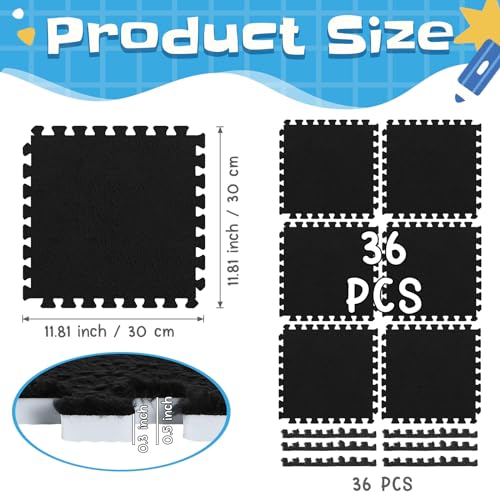 Timgle 36 Pcs Interlocking Carpet Tiles Plush Foam Floor Mats with Border Fluffy Play Mat Floor Tiles Soft Climbing Area Rugs for Kids Home Playroom Decor, 12 x 12 x 0.4 Inch(Black)