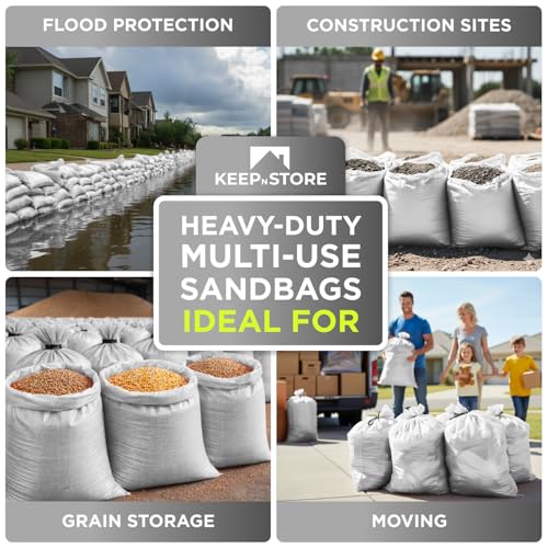 Heavy Duty Sand Bags Pack of 3, White Empty Sandbags with Built-In Ties, Woven Polypropylene UV Protection 1600 Hours, Fillable Bags for Flood Control, Weight, 38x18 inches, 90 Pounds Volume