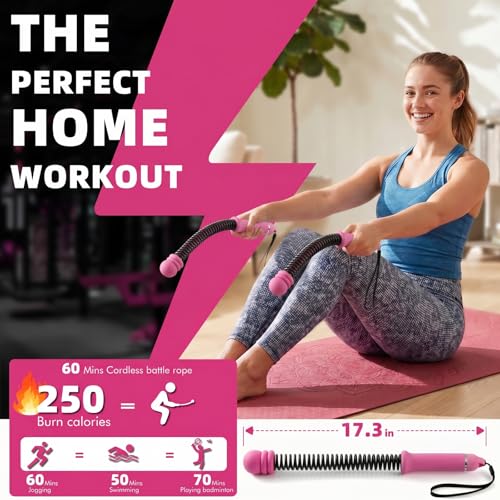 Chillchard Battle Ropes for Home Gym, Weighted Ropeless Battle Ropes | Cordless Battle Ropes with Adjustable Resistance Springs, Portable Home Workout Equipment for HIIT Cardio & Strength Training - color: Hot Pink
