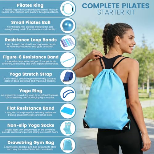 Pilates Kit for Women 13PCS, Pilates Ring Ball Resistance Bands Workout Set | Pilates equipment set for women and beginners, at home pilates kit for mat workouts, toning, stretching and strength training - color: Blue