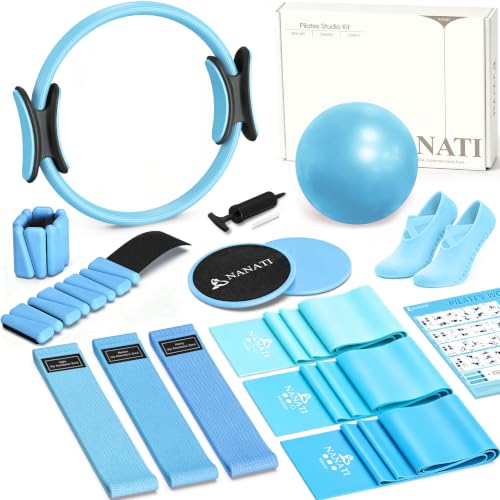 NANATI Pilates Kit, Home Pilates Workout Kit for Women, Pilates Equipment with 14.5" Pilates Ring and Ball, Resistance Bands, Ankle Weights, Sliders & Grip Socks for Home Workouts - color: Blue