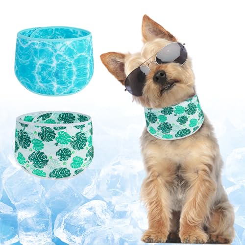 BEAUTYZOO Dog Cooling Bandana for Medium Large Dogs, 2 Pack Instant Cooling Bandanas Breathable Cooling Ice Towel Neck Wraps, Pet Scarf Keep Dogs Cool in Hot Summer,Leaf S - color: Leaf + Ripple Green, size: Small(Neck Girth:9-15in)
