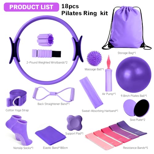 Pilates Equipment Set for Home Workouts –15in1 Home Pilates Kit with Ring and Ball Set, Resistance Bands, Pilates Yoga,Core Sliders & Ankle Weights, Pilates Essentials Kit - color: Purple