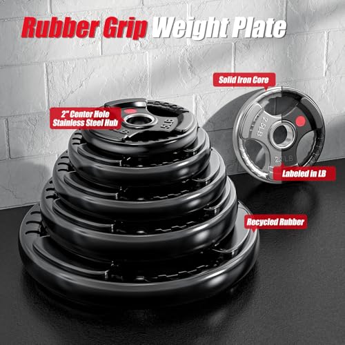 Gikpal Olympic Weight Plates, 2-Inch Three-Grip Rubber Coated Barbell Plates with Steel Hub, Cast Iron Weights for Strength Training & Home Gym, Pair or Sets (2.5–45LB) - style: 2 X 5LBS