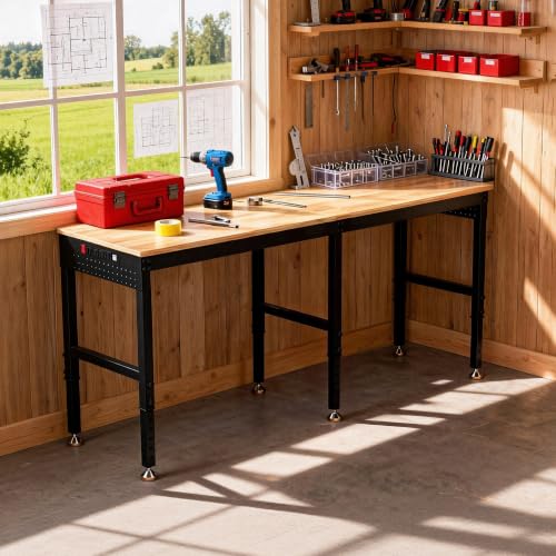 Betterhood 72" 2-in-1 Convertible Adjustable Workbench, L-Shaped & Extended 5000 LBS Heavy Duty Work Table with Power Outlets & Pegboard, Rubber Wood Workstation for Garage, Workshop - size: Rubber Pad/ Power Outlets/ 2 Pegboard/ 72"x20"x37"
