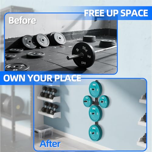 Wall Mounted Weight Plate Rack, 6 Pegs & 4 Barbell Storage Rack, 1190 LBS Capacity Weight Plate Holder, Wall Mounted Bumper Plate Storage for Home Garage Gym, Fit 2" Olympic, Rubber Protection Pads - size: Weight Plate Storage Rack