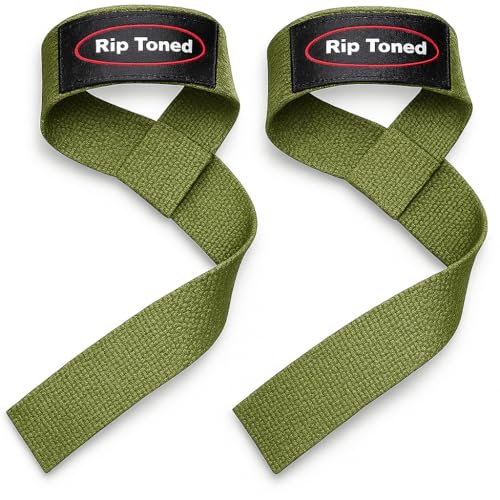 Rip Toned Lasso Lifting Straps for Weightlifting, 23¼" Padded | 1 Pair, cotton, non-latex neoprene. No break-in. Quick release. Deadlifts, rows, shrugs, pull-ups. Machine washable. - color: Military Green