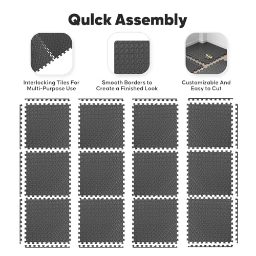 36 Pack 144 sqft Home Gym Mat, Puzzle Exercise Mat, EVA Interlocking Foam Floor Tiles for Home Workout Equipment and Kids' Play Areas - Blue, 24 in x 24 in x ½ in - (Black, 36 Pack (144 SQ FT)) - color: Black, size: 36 Pack(144 SF)
