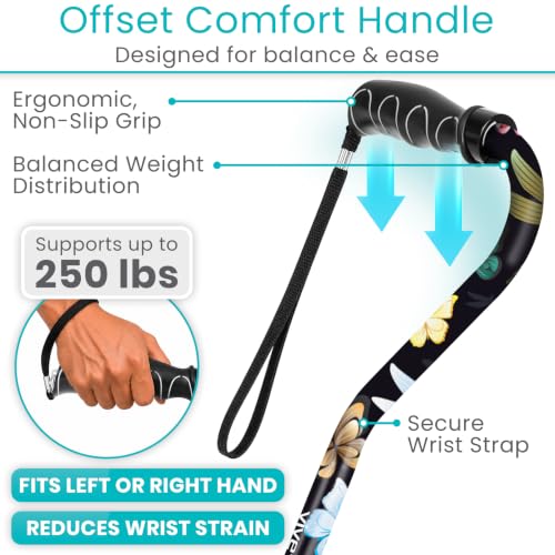 Vive Walking Cane for Women, Men, Elderly - Patented Offset Grip - Lightweight Adjustable Walking Aid with a Non-Slip Tip - Sturdy Balancing Mobility Aid for Seniors - color: Black Butterfly