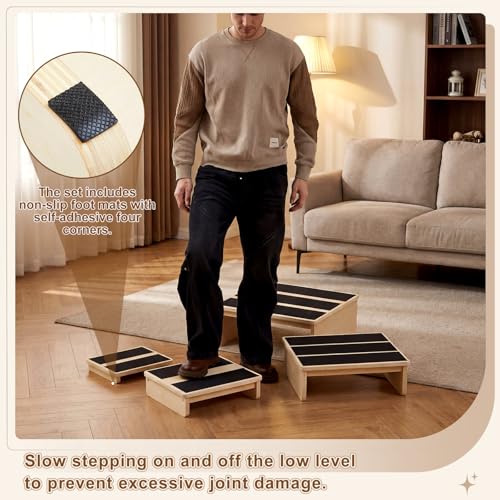 Sintuff Wooden Nesting Exercise Step Platform, Non-slip Wooden Step Stools, Heavy Duty Workout Steps for Balance & Stability Training, 330 Lbs Weight Capacity - color: Nested