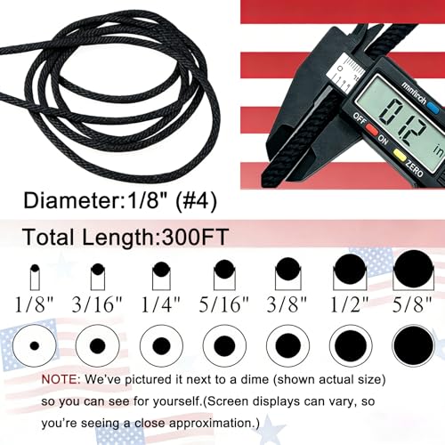 Black UV Resistant Polyester Rope 1/8in 300ft Braided Cord Marine Camping | Outdoor, Clothesline, Flag Line, Boating, Hiking - size: 300Feet