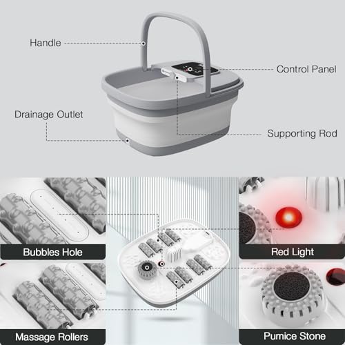 HOSPAN Collapsible Foot Spa with Heat, Bubble, Red Light, and Temperature Control, Foot Bath Massager with 8 Shiatsu Massage Rollers, Pedicure Foot Spa for Relaxation and Stress Relief - color: Gray