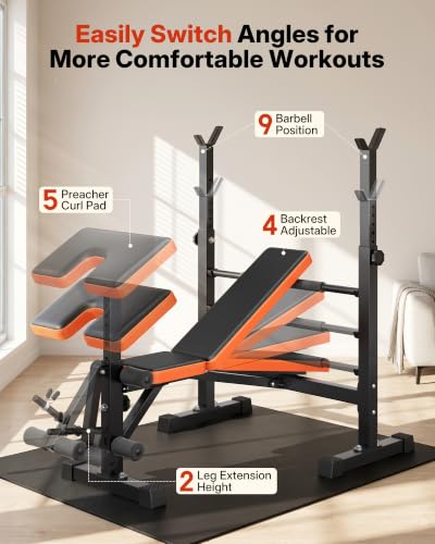 YOLEO Foldable Weight Bench for Small Home Gym, 6-in-1 Adjustable Workout Bench with Squat Rack, Compact Strength Training Equipment for Apartment & Garage Workouts