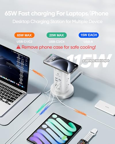 Kakyanill 115W USB Charging Station, Power Strip Tower with 9 AC 8 USB | 6Ft Flat Plug Retractable Extension Cord, for Home Office Dorm, White - color: White&Orange