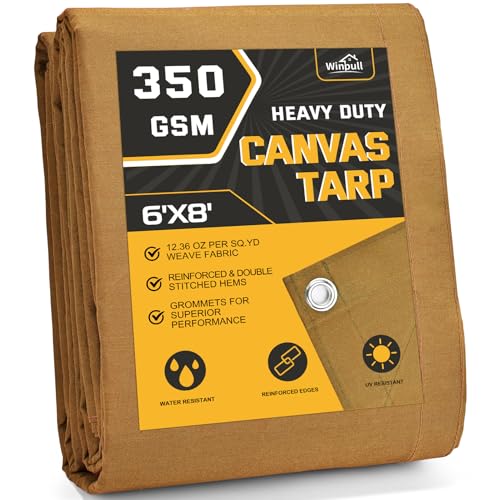 Winpull Heavy Duty Canvas Tarp 6x8 ft, 12oz (350 GSM) Polyester Canvas Water-Resistant Tarp with Rustproof Grommets, Tear-Resistant Outdoor Cover for Wood Piles, Camping, Trailer & Equipment - color: Tan, size: 6'x8'