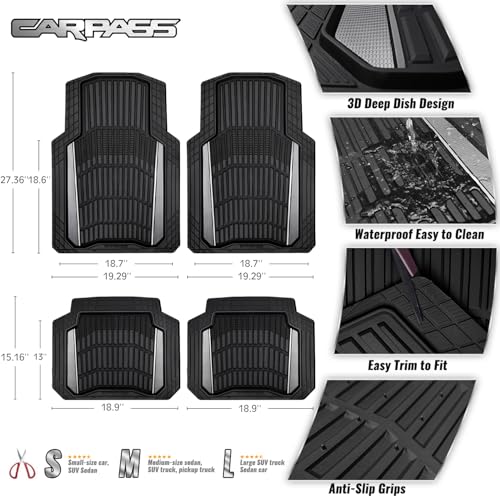 CAR PASS Heavy Duty Rubber Car Floor Mats, Deep Waterproof Car Floor Mats All Weather, Aluminum Film Floor Mats for Cars Non-Slip Universal Trim to Fit for SUVs Trucks Sedans Vans, Black Grey Metallic - color: Black Gray