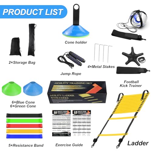 Speed Agility Training Equipment Set, Agility Ladder 20ft, 12 Football Cones, Resistance Parachute/Soccer Kick Trainer, Jump Rope, 5 Resistance Bands, Football Practice Equipment for Kids Adults - color: Set2 with Kick Trainer