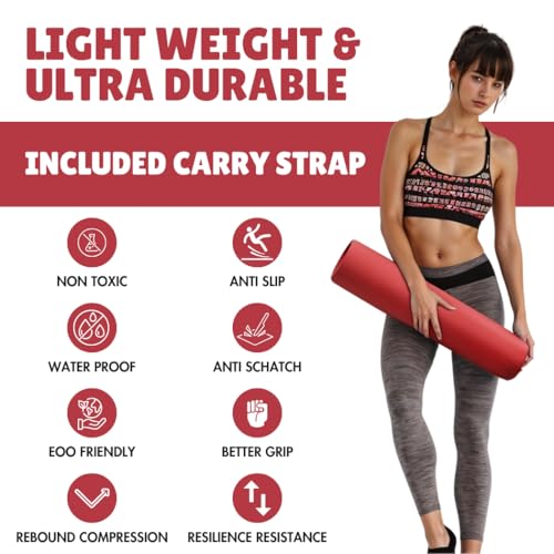 Thick Yoga Mat for Exercise & Pilates – Non Slip Yoga Mats with Strap, Extra Wide Gym Matt for Home, Lightweight & Durable Pilates Mat for Studio Fitness - color: RED