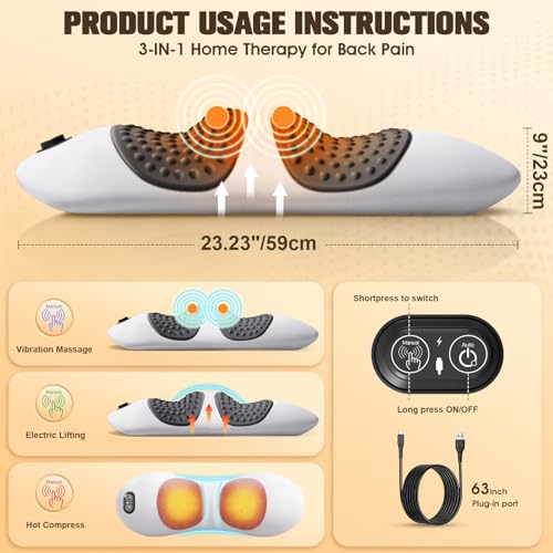 FunBy 3-in-1 Electric Lumbar Support Pillow,Triple Fusion Back Massager with Heat,Vibration&Traction,Back Support Pillow for Bed and Chair,Lumbar Support Pillow for Lower Back Pain Relief-LightGray - color: Lightgray