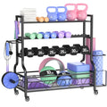 PARTPHONER Dumbbell Weight Rack, Home Gym Storage for Kettlebells Yoga Mat and Balls, All in One Workout Storage with Wheels and Hooks, Powder Coated Finish Steel - size: 49.6"(L)x15.8"(W)x39.8"(H)