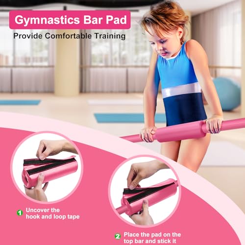 RINREA Gymnastic Bars for Kids, Adjustable Height Horizontal Bar for Home | 5-Height 35"-51", Foldable & Space-saving, Indoor Outdoor Training Kip Bar, with Gymnastics Rings & Gymnastics Pad - color: Pink