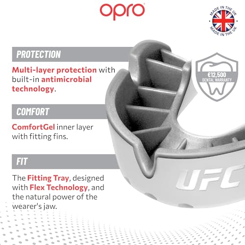 OPRO Silver Level UFC Moldable Mouth Guard Essential Fit (White/Silver) Adult & Kids Boxing Mouthguard for MMA & Impact Sports, Self-Fit Mouth Guard for Sports, Football, Hockey - Includes Case - color: Ufc - White/Silver, size: Adult (Age 10+)