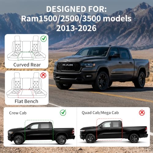 Umbrauto Car Seat Covers for Dodge RAM, Premium Nappa Waterproof Leather Seat Cushion Fits 2009-2026 RAM 1500/2500/3500 Crew Quad Mega Cab with Curved Bench,Full Set, Black - size: Full Set(Concave Front+Curved Rear)
