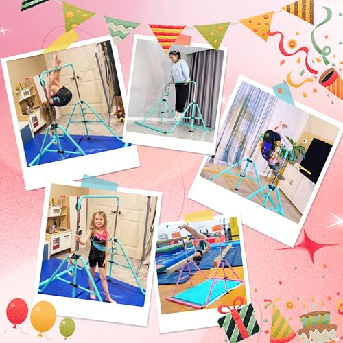 Folding Gymnastics Bar with Rings, Foldable Kip Bar with Sturdier Base, Training Bar for Kids Ages 3-10, Horizontal Bar, Home Gym Equipment for Boy Girl - color: Teal, style: Foldable Bar