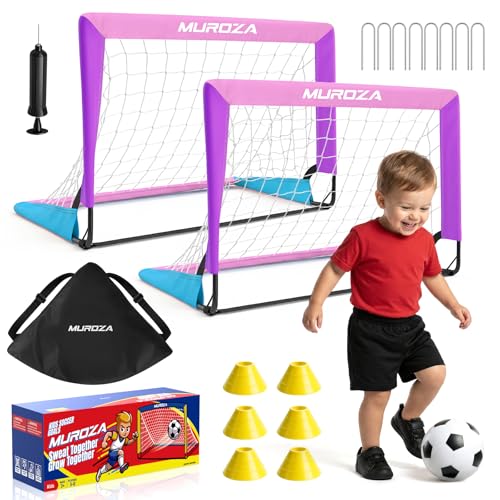 Kids Soccer Goal, Soccer Goals for Backyard Set | 2 Pack 2x1.5ft Portable Pop Up Soccer Nets with Ball and Cones, Soccer Training Set for Toddlers, Indoor & Outdoor Games - color: Pink, Purple, Blue