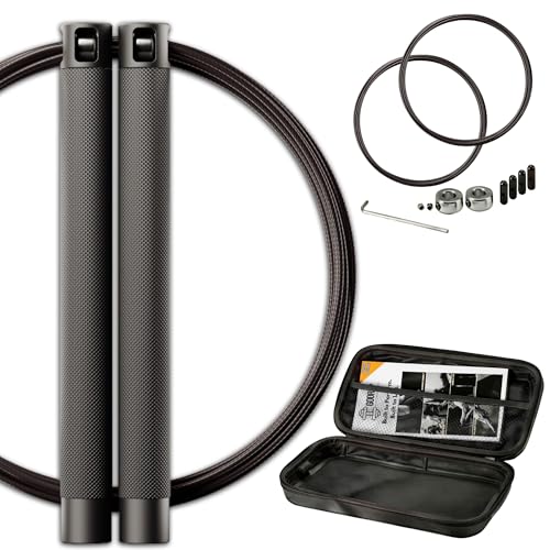GODROP Jump Rope - Adjustable Speed Jump Rope - 2x Steel Coated Ropes, Carrying Case - Aluminum Anti Slip Handles with Double Ball Bearings for Double Unders, CrossFit, Boxing & Home Workout for Men & Women - color: Black