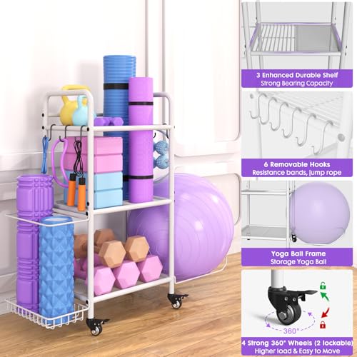 Home Gym Storage Rack Exercise Equipment Storage Organizer for Yoga Mat Dumbbells Kettlebells Foam Roller Yoga Strap & Resistance Bands, Ideal Yoga Mat Holder & Workout Equipment Organizer (White, Small) - color: White