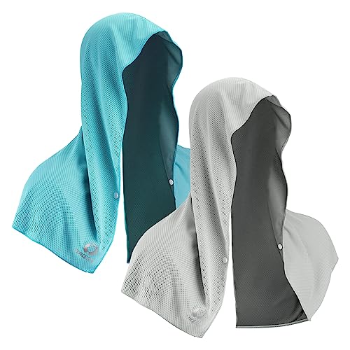 Sukeen Cooling Hoodie Towel, Absorbent Quick-Drying Cooling Towels for Neck and Face, UV Sun Protection Cooling Neck Wraps Sport Head Cooling Towel Hot Weather - color: Lake Blue/Grey