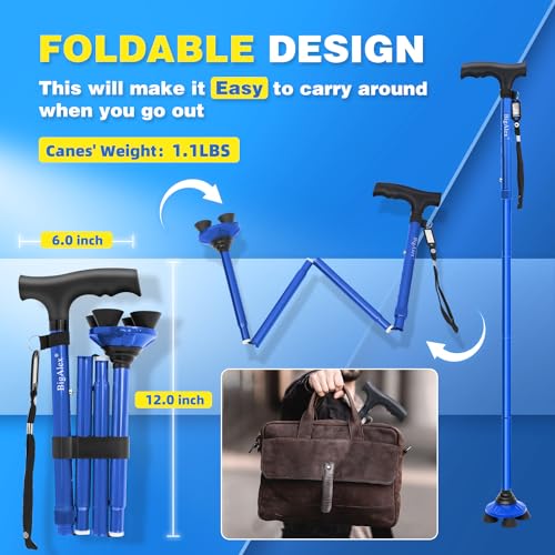 BigAlex Folding Walking Cane for Elderly Adjustable & Portable Walking Stick for Seniors,Pivoting Quad Base,Lightweight,Collapsible with Carrying Bag for Men/Woman - color: Blue(5'5"-6'3")