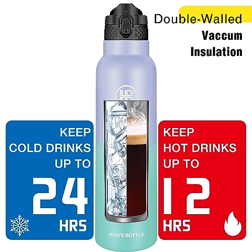 Han's Bottle Sports Water Bottle - 32 Oz, Straw Lid, Leak Proof, Vacuum Insulated Stainless Steel, Double Walled, Thermo Mug,Lilac green - color: Lilac green, size: 32 Ounces