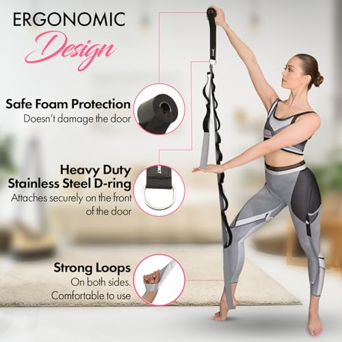 10-Loop Yoga Strap with Door Anchor – Stretch Strap for Flexibility, Deep Stretching, and Improved Balance – Perfect Yoga Accessory for All Fitness Levels - color: Silvery Grey