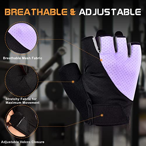 sunnex Workout Gloves for Women - Breathable Weight Lifting Gloves with Non-Slip Silicone Padding, Fingerless Gym Gloves for Cycling, Rowing, Pull Ups & Training (4 Sizes) - color: JS-PURPLE, size: Medium