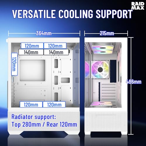 Raidmax i802 Vibe Series ATX Mid Tower Gaming Case Bundle – Tempered Glass Side Panel, Includes 700W 80+ Power Supply, AM1204 Digital Display Air Cooler, and 5 Pre-Installed FRGB Fans (White) - color: White